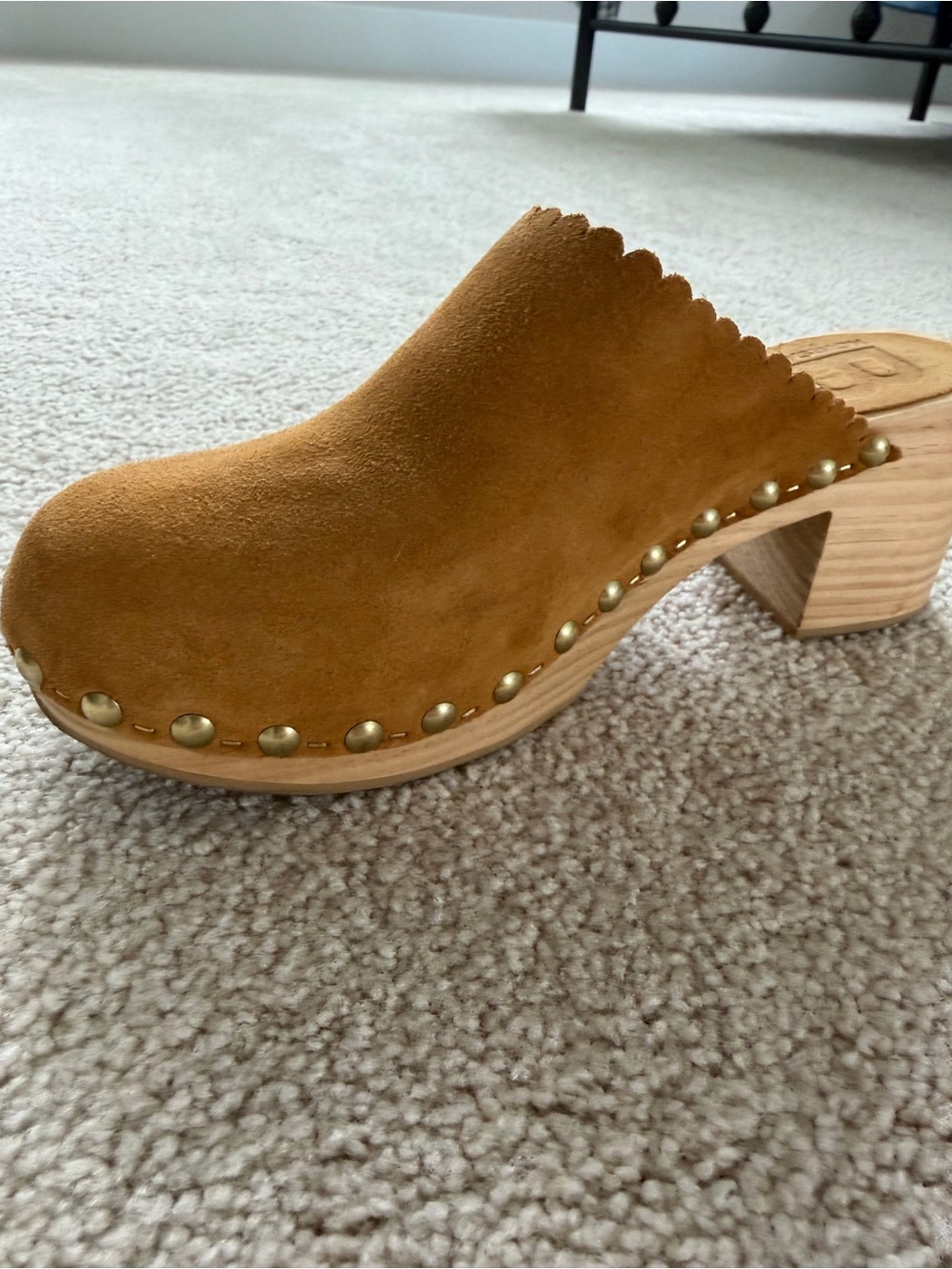 Bensimon Suede Leather Wooden Clogs Mules Scalloped Tan Women’s Size 38 - Picture 5 of 9